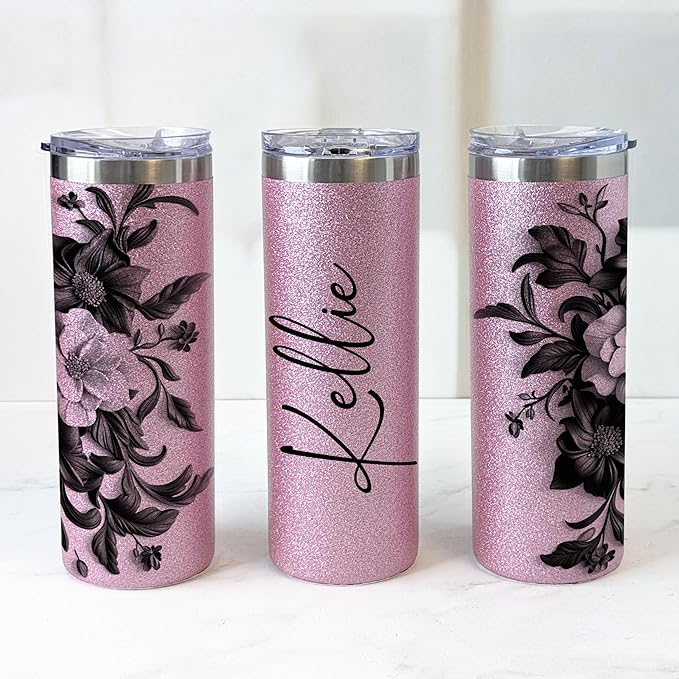 MRC Wood Products Personalized 20oz Glitter Tumbler with Floral Motif - Custom Name Insulated Cup, for Her (Pink)