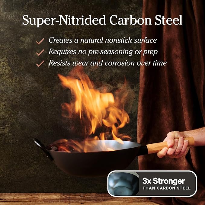 Our Place 13” Super-Nitrided Carbon Steel Wok Pan with Glass Lid & Beechwood Spatula | PFAS-Free, Induction Compatible & High-Heat Stovetop Safe to 750°F