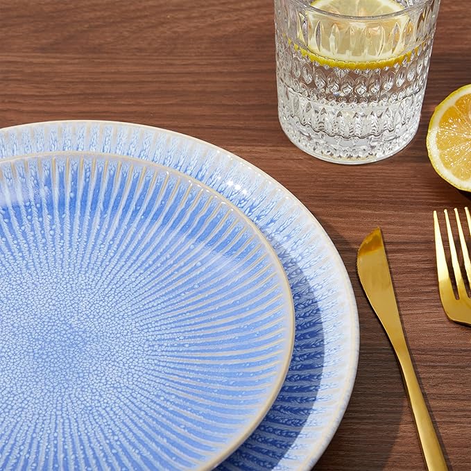 Ceramic Dinnerware Sets, Handmade Reactive Glaze Plates and Bowls Sets, Highly Chip and Crack Resistant Dish Set, Distinctive Granulated Surface Dishwasher & Microwave Safe Service for 4