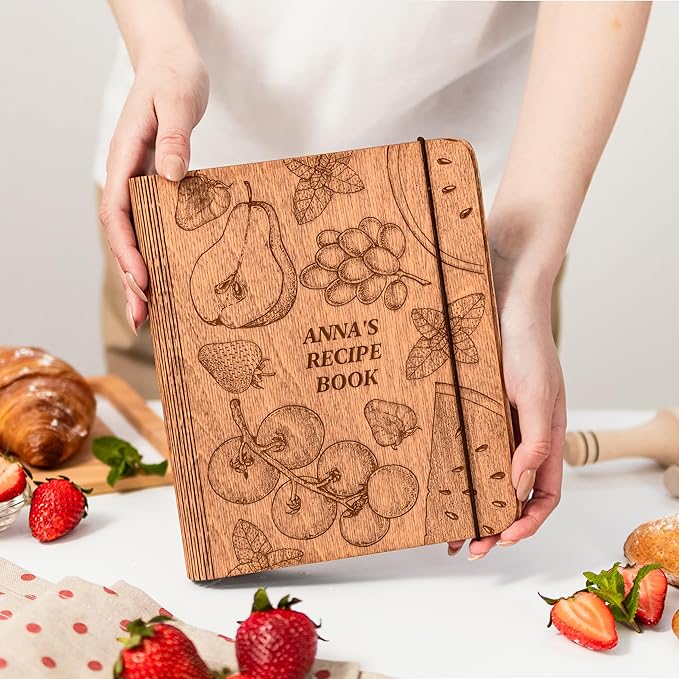 ENJOY THE WOOD Wooden Blank Recipe Book Binder - Personalized Recipe Notebook - Family Cookbook Journal Custom Sketchbook To Write In Organizer by Enjoy The Wood (Fruits, Large (A4))