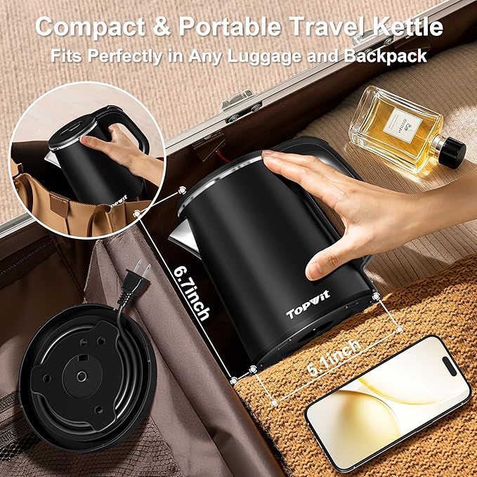 0.8L Small Electric Kettle, Portable Travel Kettle Stainless Steel - 800W Fast Boiling, Auto Shut-Off & Boil-Dry Protection, Tea Kettle for Home, Office, Business Trip, Hotel, Dorm