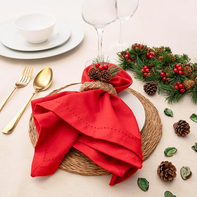 Blue Needles Set of 6 Hemstitch Linen Napkins 100% Cotton Red Cloth Dinner Napkins 18x18 inches, Soft, Reusable, Absorbent, Washable, Ideal for Valentine's Day Events, Parties & Everyday Use