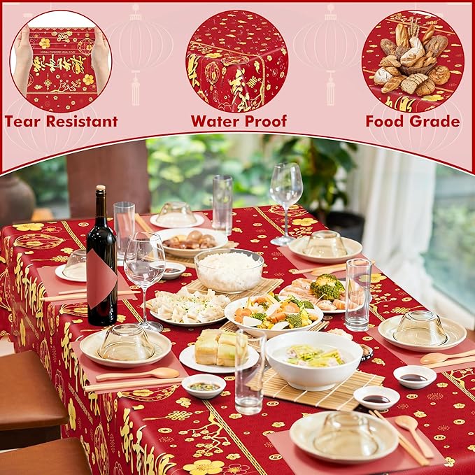 3 Pack Chinese New Year Decorations 2026, 54 x 108 Inches Red Plastic Table Cloths, Disposable Lunar New Year Table Cloth Rectangle Tablecloths Tablecover, Spring Festival Year of the Horse Decor