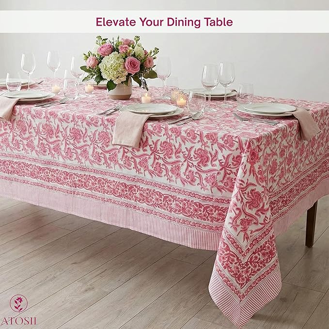 ATOSII Red Bloom 100% Cotton Tablecloth, Handblock Print Rectangle Table Cover for Kitchen Dining I Tabletop Linen I Parties, Wedding, Spring Summer Table Cloth 60 X 108 Inches