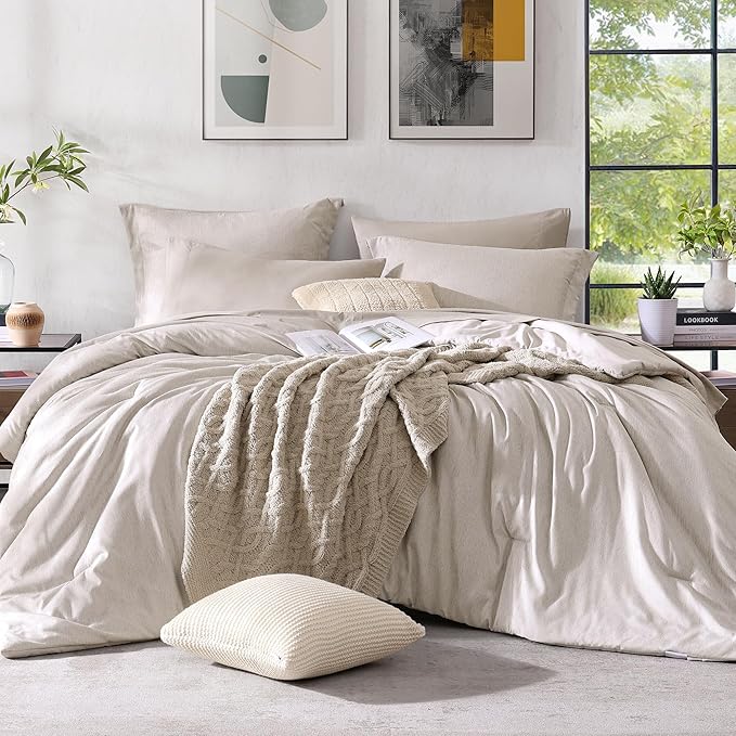 Monbix California King Comforter Set - 7 Pieces Cationic Dyeing Oatmeal Bed in a Bag Cal King Bed Sets with Comforter, Sheets, Pillowcases & Shams, Reversible Bedding Comforters Sets