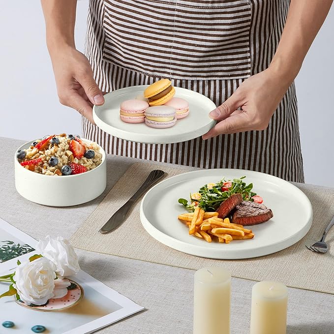 E-far 8-Piece Plates and Bowls Sets - Stoneware Dinnerware Sets with Pasta Bowls for 2 | Microwave & Dishwasher Safe Kitchen Modern Dish Set, Speckled White