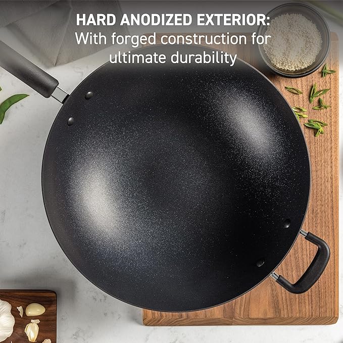 T-Fal Ultimate Hard Anodized Nonstick Wok 14 Inch, Oven Broiler Safe 350F, Non Stick Stir-Fry Pan, Cookware, Pots and Pans, Kitchen, Versatile Deep Frying, Sauté, Braise, Stew, Dishwasher Safe, Black