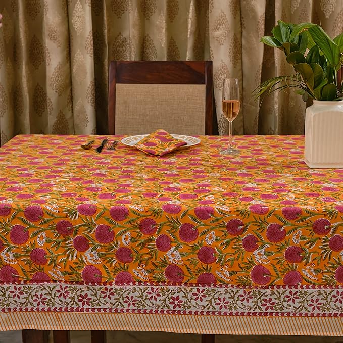 Ridhi Hand Block Print Bubblegum Pink Rectangle Cotton Tablecloth 160" x 72" Reusable Table Cover Decorative Everyday Use for Dining, Farmhouse, Home Gift for Spring, Easter, Valentine