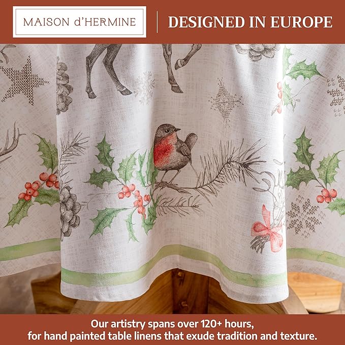 Maison d' Hermine Table Cloth Round Table 100% Cotton 69 Inches Fall Tablecloth Reusable Everyday Use for Thanksgiving Christmas Decorations Dining Farmhouse Party (Christmas Dew)