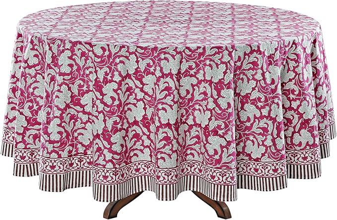 Ridhi Block Print Round Deep Pruce Red Reusable Tablecloth 100% Cotton 120" Inch Decorative Table Cover eveyday Dining, Home, Party, Wedding, Farmhouse Gift for Spring, Easter, Valentine