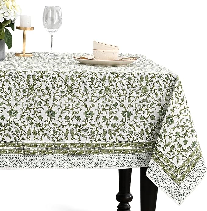 CPC Meadow Vine Tablecloth 100% Cotton 60x60 Inch Indian Block Print Rectangle Table Cover, Table Cloth for Gifting in Weddings, Halloween, Fall, Christmas, Thanksgiving