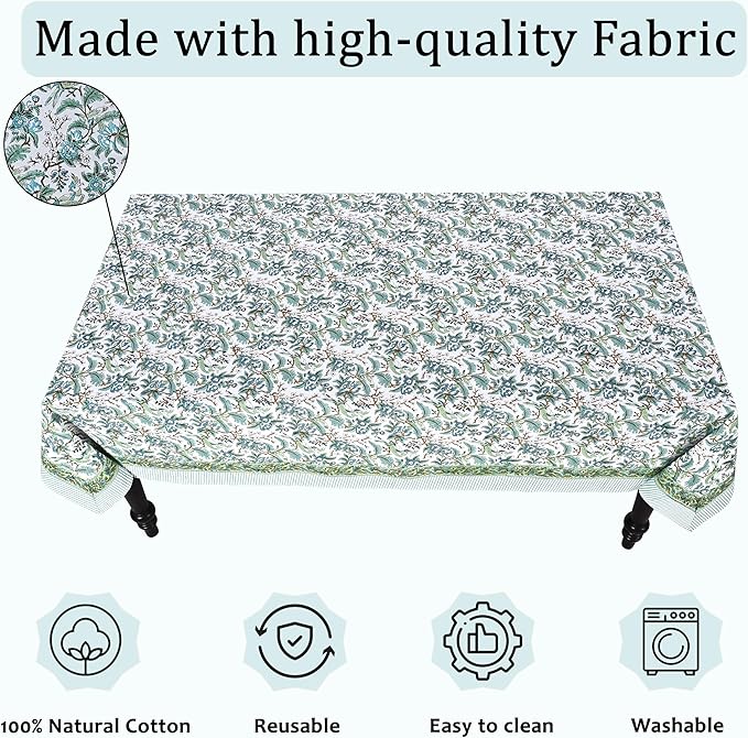 Ridhi Hand Block Print Sage Russian Green Rectangle Cotton Tablecloth 190" x 72" Reusable Table Cover Decorative Everyday Use for Dining, Farmhouse, Home Gift for Spring, Easter, Valentine