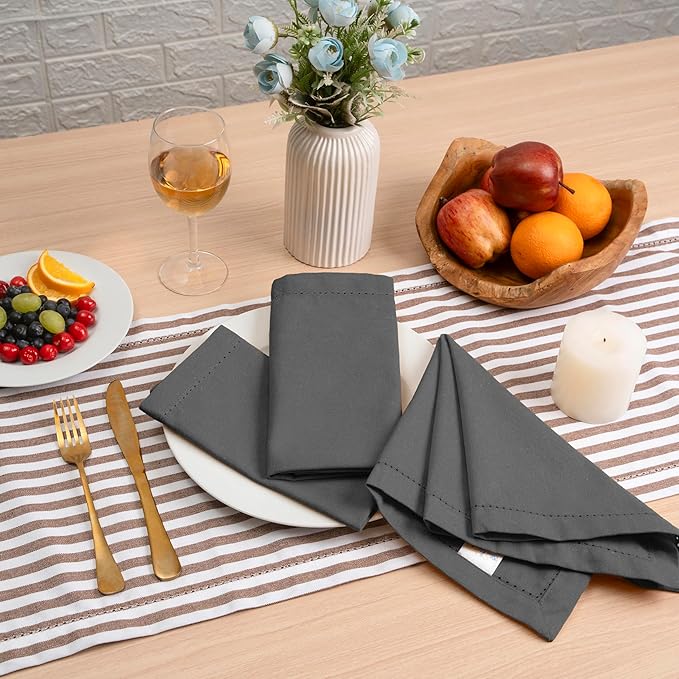 Blue Needles Set of 12 Hemstitch Linen Napkins 100% Cotton Grey Cloth Dinner Napkins 18x18 inches, Soft, Reusable, Absorbent, Washable, Ideal for Wedding Events, Parties & Everyday Use