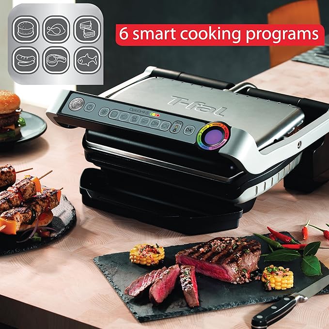 T-Fal OptiGrill Stainless Steel Electric Grill, 4 Servings, 6 Automatic Cooking Modes, Intelligent Grilling, Rare to Well-Done, Panini Press, Nonstick Removable Plates, Indoor, Silver