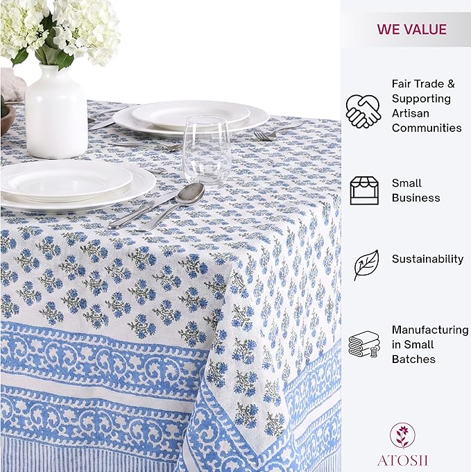 ATOSII Gulbahar Blue 100% Cotton Fall Rectangle Tablecloth, Hand Block Print Washable Table Cover, Christmas Parties Buffet Dining, Weddings, Thanksgiving Easter Home Decor, 60 X 90 Inches 6 Seater