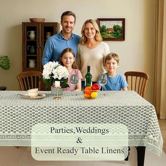 CPC Emerald Green Floral Hand Block Printed 100% Cotton Tablecloth 60x120 Rectangular Reusable and Washable Boho Dining Table Cloth Thanksgiving