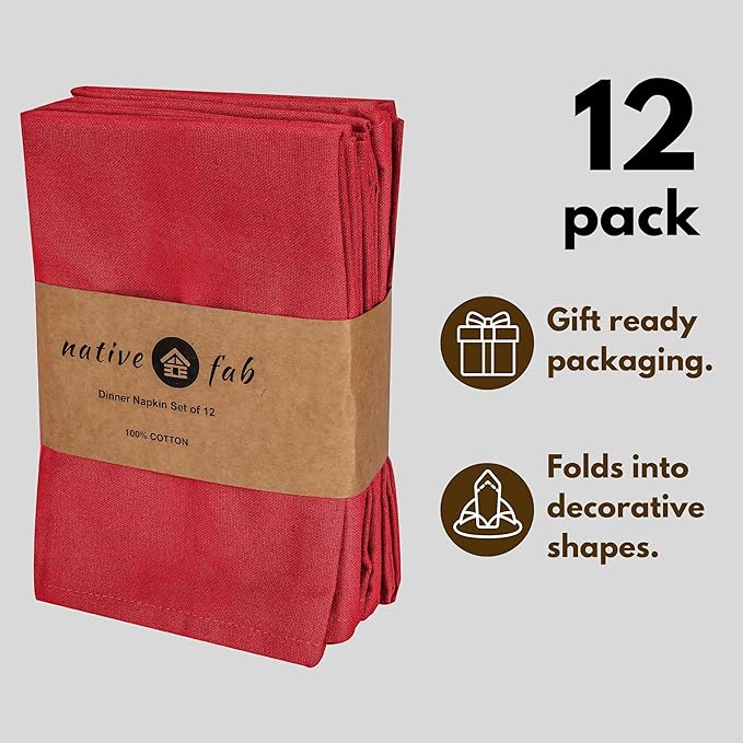 Native Fab Cloth Napkin Set of 12, 100% Cotton, Washable, Reusable Dinner Cloth Napkin 17x17 inches, Table Decor Napkins for Dinner, Events, Red