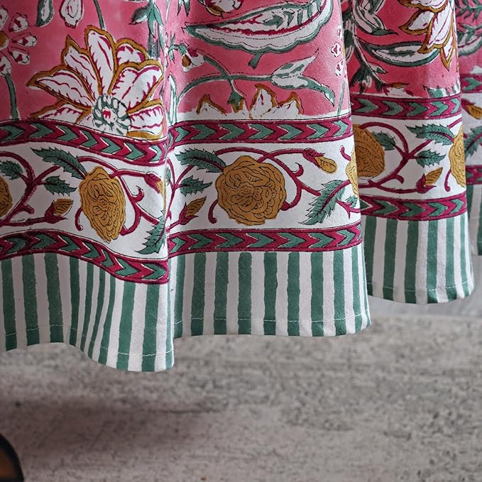 Ridhi Block Print Round Candy Pink Reusable Tablecloth 100% Cotton 60" Inch Decorative Table Cover eveyday Dining, Home, Party, Wedding, Farmhouse Gift for Spring, Easter, Valentine