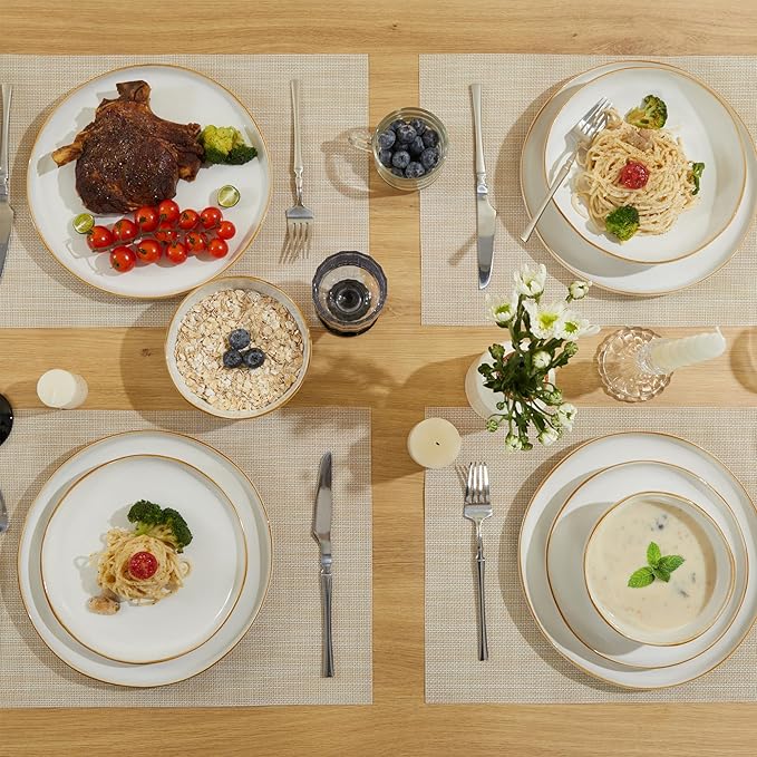 24 Pieces Dinnerware Set for 6 with Pasta Bowls, Complete Ceramic Dish Set, Stackable & Glossy Stoneware Plate and Bowl Set for Effortless Everyday Hosting, White