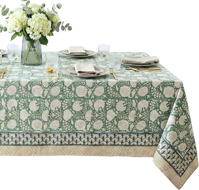 ATOSII Jade 100% Cotton Boho Rectangle Summer Tablecloth, Block Print Floral Table Cloth Linen for Dining, Parties, Weddings, Outdoors Table Decor I 60 X 90 Inches I 6 Seater I