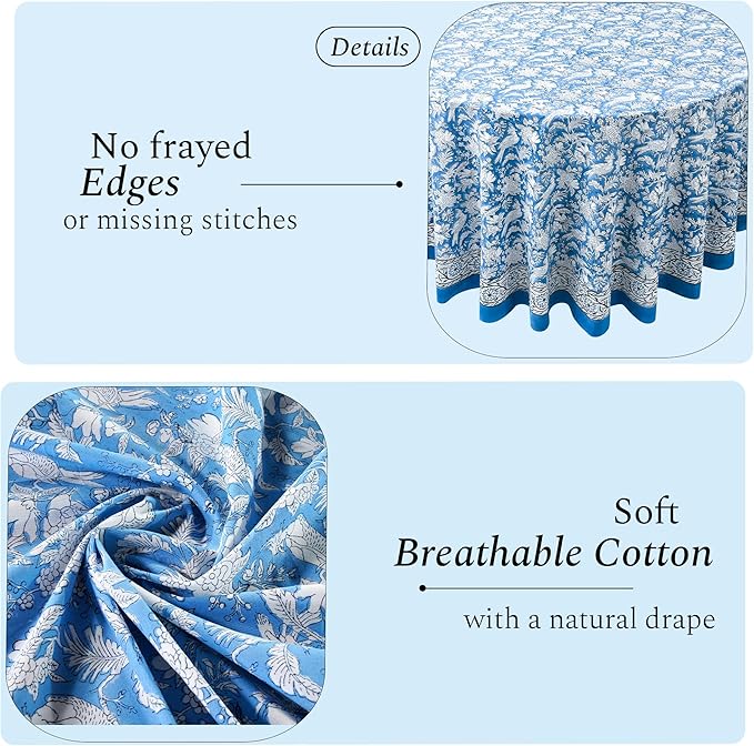 CPC Round Tablecloth- Cotton Indian Block Print Tablecloth -Handmade Printed Washable Cotton Table Cloth - Spring/Summer, Wedding Table Cover - Blue Sapphire 110 Inch