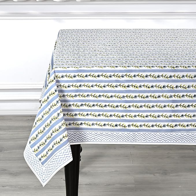 Ridhi Hand Block Print Dolphin Gray Rectangle Cotton Tablecloth 120" x 80" Reusable Table Cover Decorative Everyday Use for Dining, Farmhouse, Home Gift for Spring, Easter, Valentine
