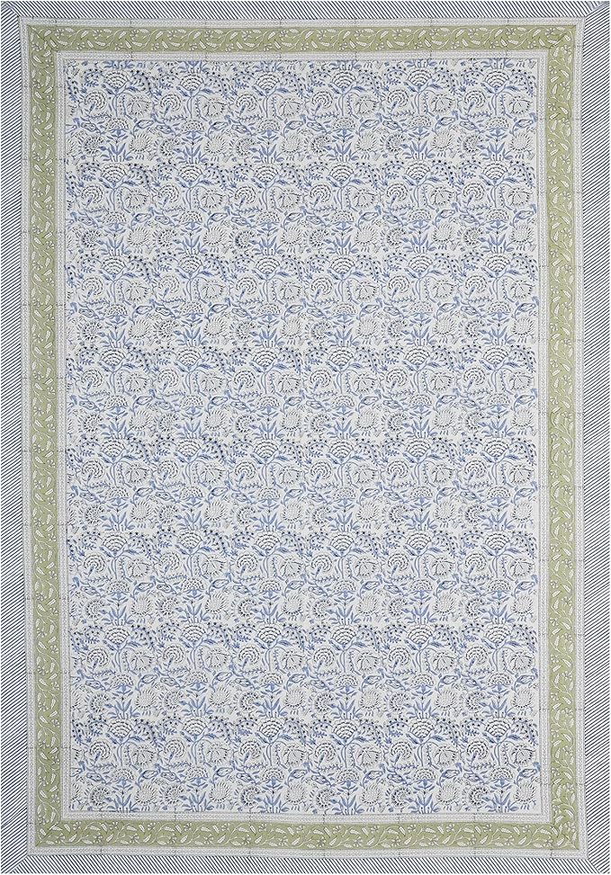 Handblock Print Cotton Tablecloth – 60x90 Rectangular Table Cover 6 Seats – Indian Block Printed Floral Dining Table Linen – Boho Washable Cloth for Kitchen, Party, Outdoor, Soft Blue