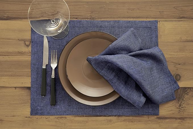 Solino Home Linen Cloth Placemats Set of 4-100% Pure Linen Chambray Navy Placemats 14 x 19 Inch for Winter, Spring - Athena