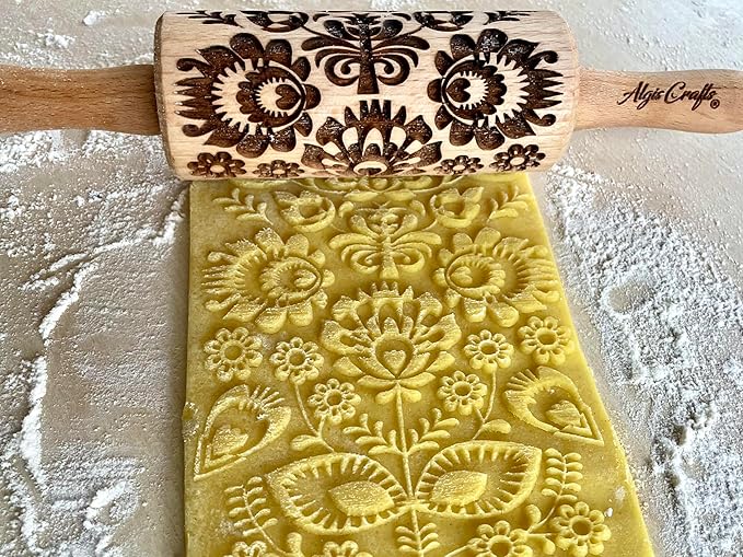 FLOWERS 3 Kid Rolling Pin Set with Damask, Folk and Floral Wreath Patterns. Wooden Laser Cut Mini Rolling Pins for Cookies, Play Dough, Salt Dough or Clay by Algis Crafts