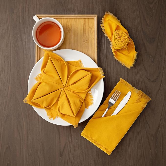 Lightnpro Cotton Napkins Set of 12, Beautiful Handmade Fringe Dinner Cloth Napkins, Washable and Reusable for Dining, Parties, Weddings, Holiday & Everyday Use - 18x18 Inch Mustard