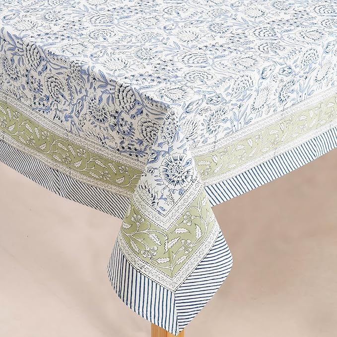 Handblock Print Cotton Tablecloth – 72x108 Rectangular Table Cover Seats 6–8 – Indian Block Printed Floral Dining Table Linen – Boho Washable Cloth for Kitchen, Party, Outdoor, Soft Blue