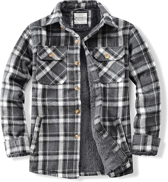 Men's Cotton Sherpa Lined Button Down Flannel Shirt Jacket Plaid Soft Outdoor Flannel Jacket Shirt