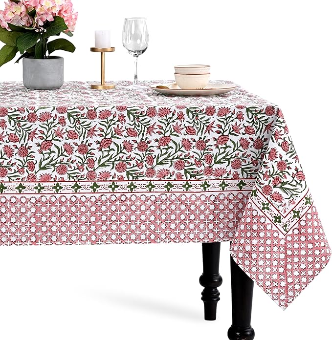 CPC Tablecloth 100% Cotton 60x90 Inch Indian Block Print Rectangle Table Cover, Washable Table Cloth for Weddings, Spring/Summer, Barbeque -Red Garnet