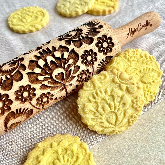 FLOWERS 3 Kid Rolling Pin Set with Damask, Folk and Floral Wreath Patterns. Wooden Laser Cut Mini Rolling Pins for Cookies, Play Dough, Salt Dough or Clay by Algis Crafts