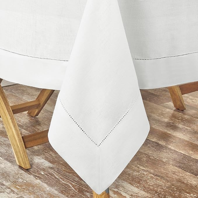 D'Moksha Homes White Linen Tablecloth 60 x 120 Inch - 100% Pure Linen Hemstitch Tablecloth for Rectangle Tables - Classic Hemstitch, Machine Washable Table Cloth for Fall, Autumn and Halloween