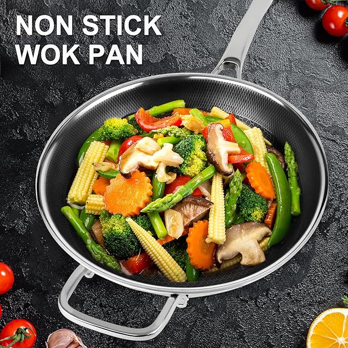 Wok Pan with Lid,12.6 inch Hybrid Woks & Stir-fry Pans Nonstick Stainless Steel Cookware, Cooking Wok for Induction Cooktop, Double Coated Honeycomb Pan