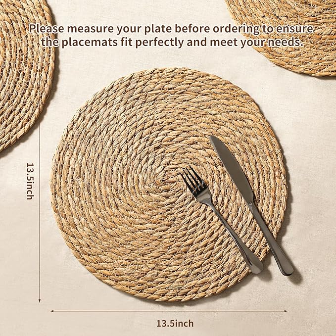 Round Woven Placemats Set of 6, 13.5'' Boho Rattan Chargers for Dinner Plates, Rustic Wicker Place Mats, Straw Braided Table Placemats, for Dining Table Decor, Wedding, Farmhouse and Home Decor
