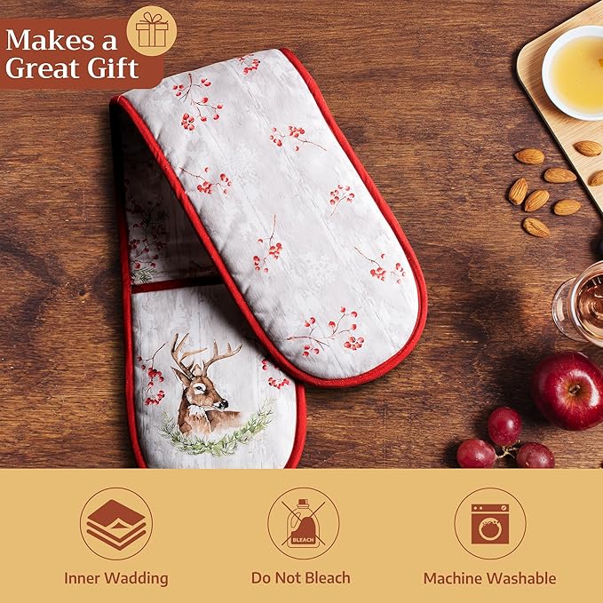 Maison d' Hermine Double Oven Mitt (7" x 35") 100% Cotton Heat Resistant BBQ Cooking Gloves with Loop for Thanksgiving Christmas Decorations Baking Cooking Barbeque Handling Hot Pan (Mountain Life)