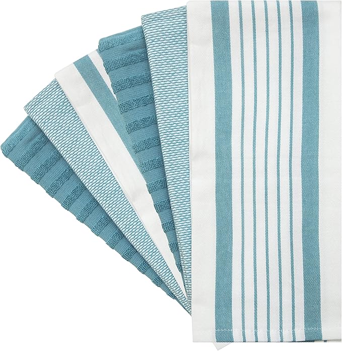 Premium Kitchen Towels (20”x 28”, 6 Pack) | Large Cotton Dish Towels | Flat & Terry Highly Absorbent Kitchen Linen Set with Hanging Loop | Aqua