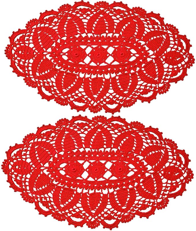 BIBITIME Lace Tablecloth Doily Handmade Crochet Placemat Women Vase Mat Kitchen Table Runner (2PCS- 12 x 22 in, Red)