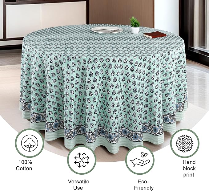 CPC Round Tablecloth- Cotton Indian Block Print Tablecloth -Handmade Printed Washable Cotton Table Cloth - Fall/Winter, Wedding Table Cover - Poppy Blue 60 Inches