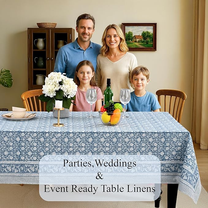 CPC Azure Regal Tablecloth 100% Cotton 72x140 Inch Indian Block Print Rectangle Table Cover, Table Cloth for Gifting in Weddings, Halloween, Fall, Christmas, Thanksgiving