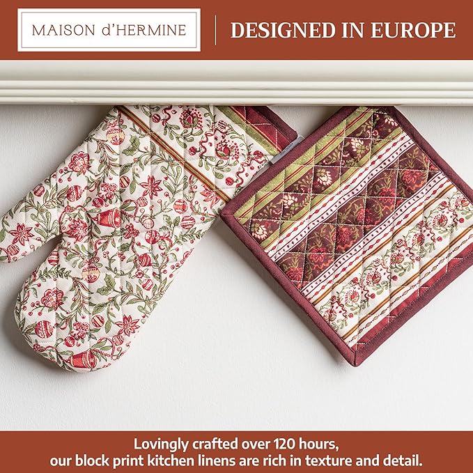 Maison d' Hermine 100% Cotton Oven Mitt & Pot Holder Set (7.5"x13" & 8"x8") Heat Resistant BBQ Cooking Gloves with Loop for Thanksgiving Christmas Decorations Handling Hot Pans (Reveillon Au Jardin)