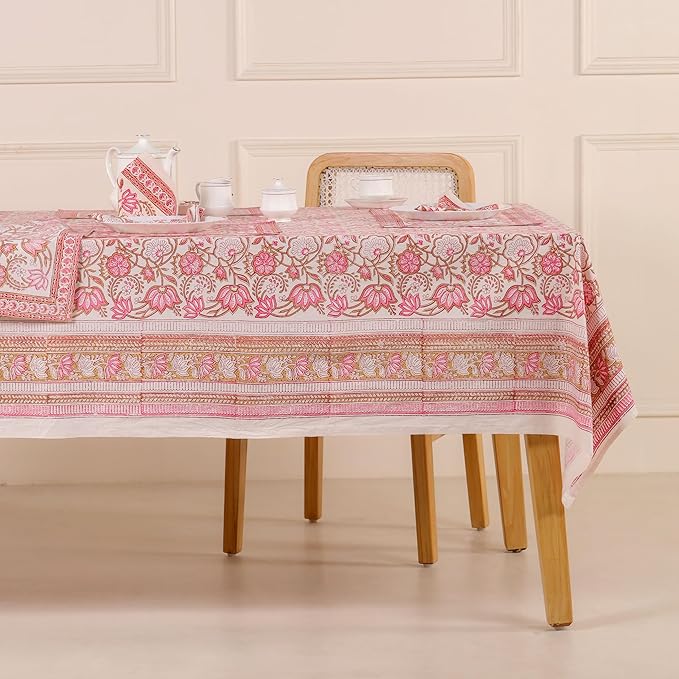 Hand Block Printed Table Cover - Exquisite Design, Premium Cotton Fabric, Perfect for Dining and Decor, Dining Table Linen(Taffy Pink Flower,14 Seater 72 x 160 Inches Rectangle)