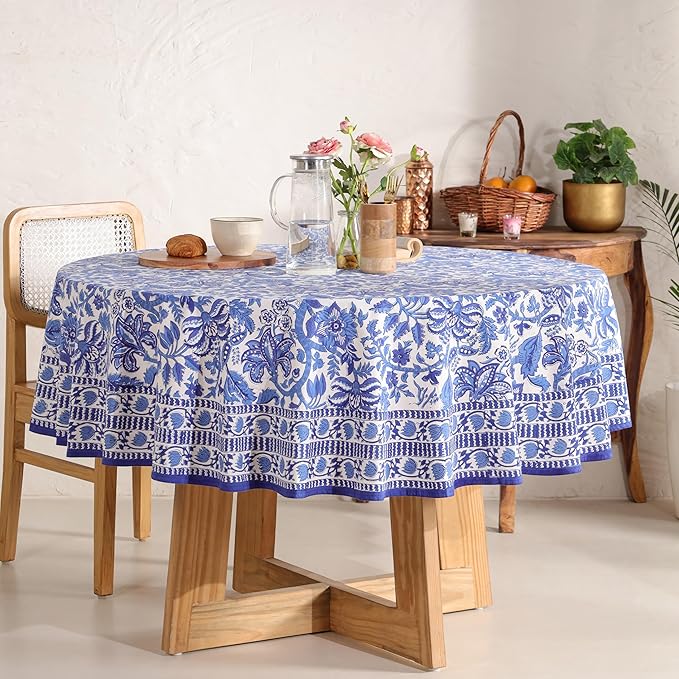 Hand Block Printed Table Cover - Exquisite Design, Premium Cotton Fabric, Perfect for Dining and Decor, Dining Table Linen(Midnight Blue,8 Seater 90 Inches Round)