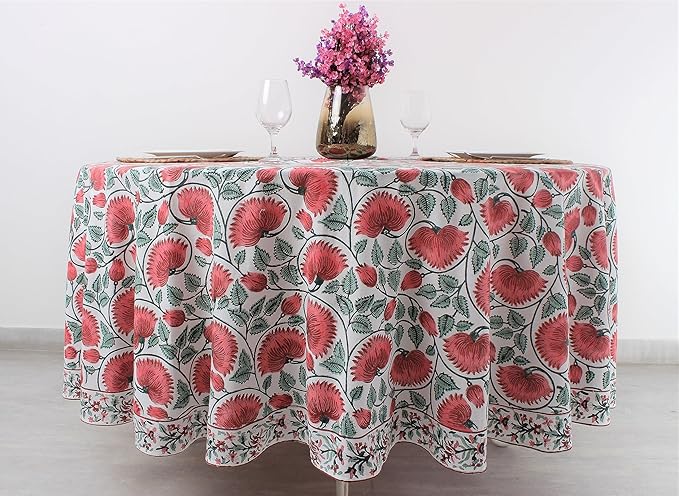Ridhi Block Print Round Turquoise Green Reusable Tablecloth 100% Cotton 60" Inch Decorative Table Cover eveyday Dining, Home, Party, Wedding, Farmhouse Gift for Spring, Easter, Valentine