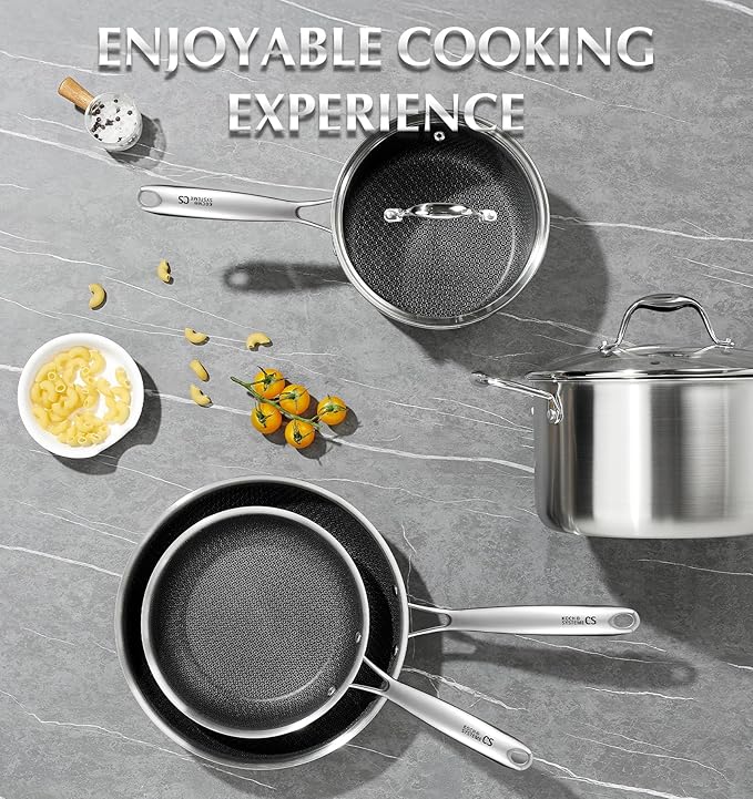 KOCH SYSTEME CS Triply Stainless Steel Cookware Set 10 Piece, Nonstick Hybrid Stainless Steel Pots and Pans Set, Kitchen Cookware Set with Honeycomb Interior, 18/10 Steel, Induction Compatible