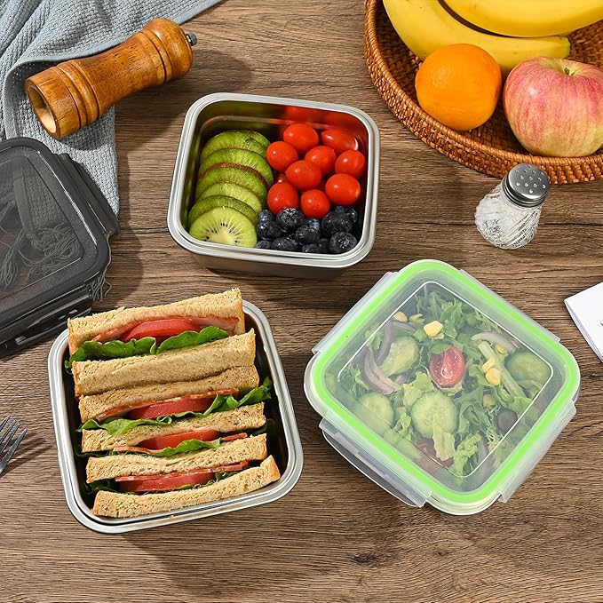 5 Pack Sandwich Containers, 24oz Stainless Steel Sandwich Box with Airtight Lids, Reusable Metal Meal Prep Lunch Boxes, BPA-Free, Dishwasher Safe, Food Storage Containers for Families (Green)