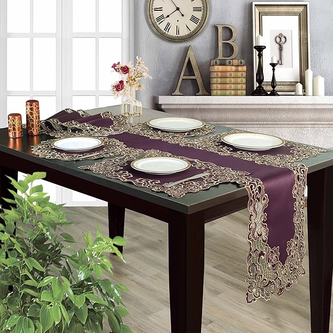 Decozen Set of 8 Doilies for Table, Lace Doilies - Rustic, Crochet, Farmhouse, Kitchen, Dining Table Centerpiece Decor - Round Christmas Placemats for Home 15 inch Gold Plum, The Granada Collection