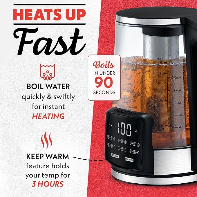 Gourmia Electric Programmable Glass Kettle – 1.7L Temperature Control Tea & Coffee Kettle with Digital Touch Display, 6 Presets, Keep Warm, Removable Stainless Steel Infuser, 360° Swivel Base – Green